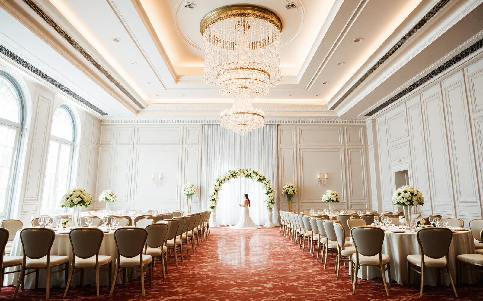Luxury wedding ballroom in Kuala Lumpur with crystal chandeliers and white florals